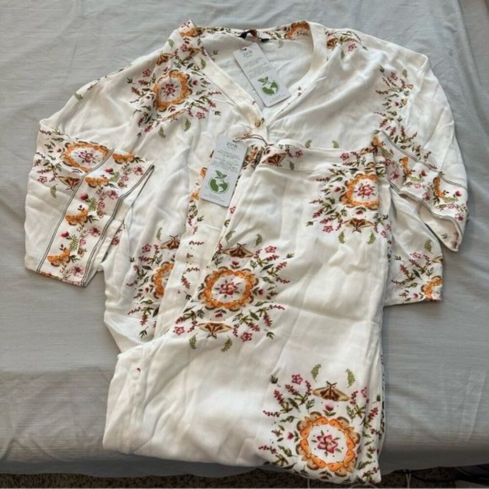 Zink London White Floral Printed Kimono Top & Printed Parallel Trouser Set Sz L - Picture 2 of 12